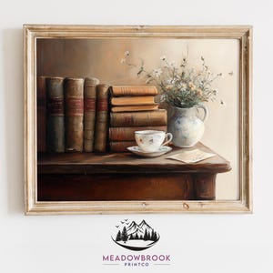 May include: A still life painting of a stack of antique books, a bouquet of white flowers in a blue and white ceramic pitcher, and a teacup and saucer on a wooden table.