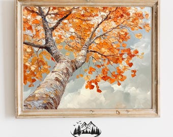 Opwaartse weergave van herfst esdoorn luifel - levendig herfstolieverfschilderij, rustieke Cottagecore muurkunst, aardse digitale afdrukbare herfstdecor 248