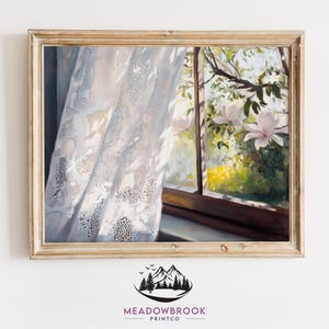 Lace Curtain Fluttering in Breeze, Spring Cottagecore Printable, Vintage Window Painting, Romantic Home Decor, Pastel Wall Art Download 1085