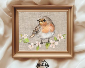 Robin Bird Print with Blossoms - Rustic Wall Art, Farmhouse Bird Decor, Floral Bird Artwork, Vintage Bird Painting, Digital Download 998