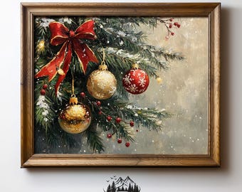 Festive Red and Gold Christmas Tree Decorations - Rustic Holiday Wall Art, Cozy Winter Christmas Printable, Vintage Decor Painting 481