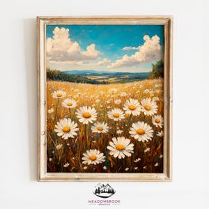 Wild Daisies in a Sunny Meadow - Springtime Floral Landscape, Warm Earthy Wall Art, Rustic Country Farmhouse Decor 1027
