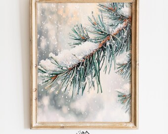Frosty Pine Branch with Snowflakes in Winter - Vintage Christmas Wall Art, Rustic Holiday Decor, Cozy Tree Scene, Winter Digital Print 385