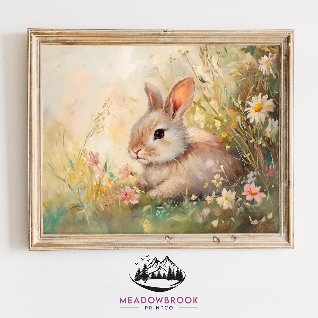 Spring Paintings Rabbit Fluffy Spring Bunny in Wildflowers Print, Vintage Rabbit Painting ...