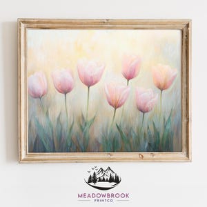 May include: A framed painting of a field of pink tulips with a soft, blurred background. The tulips are in various stages of bloom, with some fully open and others still in bud. The painting is done in a realistic style, with delicate brushstrokes and subtle shading.