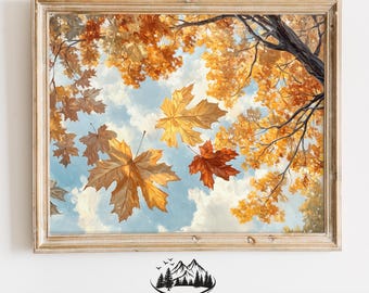 Herfst sycamore bladeren van onderaf - herfst gebladerte kunst aan de muur, rustiek bos decor, Cottage kern natuur print, digitale download 267