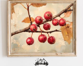Closeup of Autumn Hawthorn Berries - Rustic Fall Nature Print, Earthy Cottagecore Art, Digital Oil Painting, Autumn Wall Decor 227
