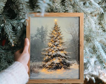 Snow-Covered Christmas Tree with Lights Art - Rustic Winter Holiday Decor, Cozy Cottagecore Christmas Tree Scene, Wall Art Print 448
