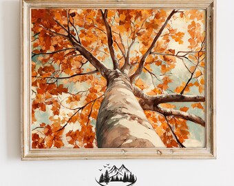 Maple Tree Canopy in Autumn Glow - aardse Cottagecore herfstolieverfschilderij, rustieke natuur kunst aan de muur, digitale download voor herfstdecor 247