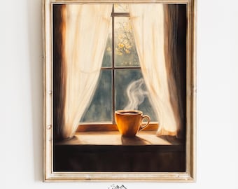 Morning Coffee by the Window - Steaming Cup with Sunlight, Cozy Cottagecore Kitchen Art, Warm Neutral Wall Decor 1031