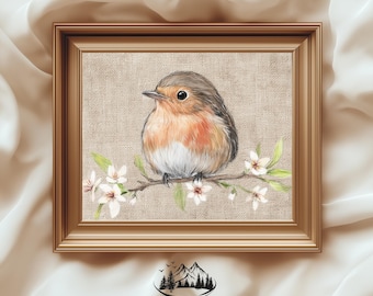 Robin Wall Art Printable - Rustic Bird Print, Farmhouse Decor, Vintage Floral Bird Painting, Neutral Artwork, Digital Download 999