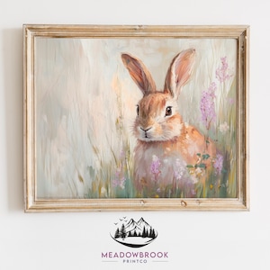 May include: A painting of a brown rabbit sitting in a field of pink and white flowers. The rabbit is looking to the left of the image. The background is a soft, light blue.