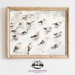 May include: A watercolor painting of a flock of white birds with black markings on a white background. The birds are in various positions, some flying, some perched, and some in mid-flight. The painting is framed in a light wood frame.