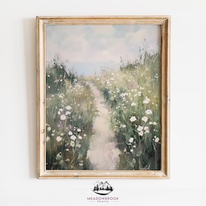 Druckbare Wildblumen Wiesen Weg Kunst - rustikales Ölgemälde, erdige Landschaftsszene, Cottagecore Dekor, digitaler Natur Druck 1201