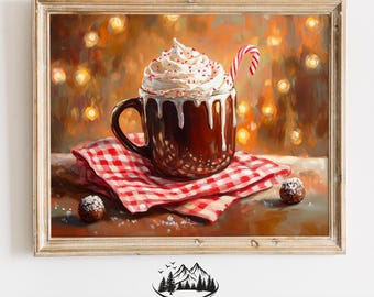 Heißer Kakao mit Zuckerstange und Schlagsahne - Lebendige Weihnachtsküchenkunst, rustikale Weihnachtsdekoration, festlicher gemütlicher Druck 690