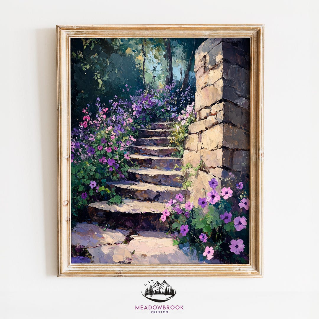 Rustic Garden Stairway - Floral Spring Landscape Painting, Wildflowers ...