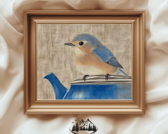 Eastern Bluebird Bird Print - Rustic Wall Art, Farmhouse Bird Decor, Neutral Bird Artwork, Vintage Painting, Digital Download 993