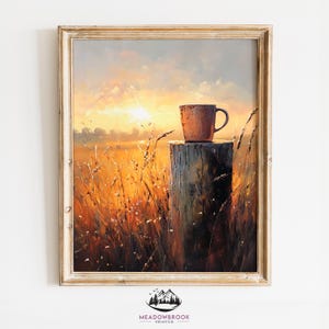 Rustic Coffee on a Fence Post - Warm Spring Sunrise Painting, Earthy Country Farmhouse Decor, Printable Wall Art for Kitchen 1012