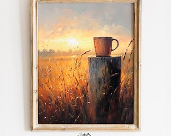 Rustikaler Kaffee am Zaunpfahl - Frühling Sonnenaufgang Gemälde, erdige Bauernhaus Dekoration, druckbare Wandkunst für die Küche 1012