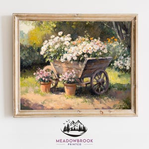 Impressão de carrinho de mão cheio de flores, pintura de jardim vintage, decoração de primavera cottagecore, arte de parede floral romântica do campo, arte digital 1138