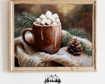 Rustikale Tasse mit heißem Kakao, Marshmallows & Tannenzapfen - Nostalgische Weihnachtsdekoration, Küchendekoration, Weihnachtsdekoration 615