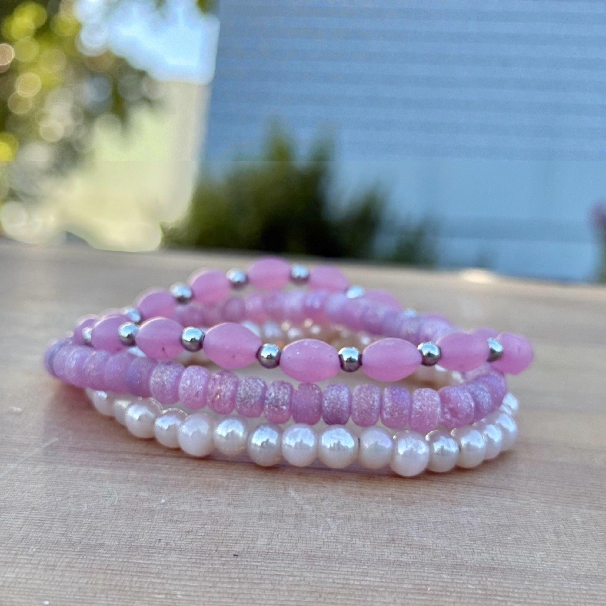 Pink Glass Beaded Stretch Bracelet Set Handcrafted - Etsy