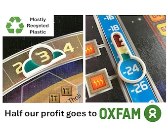 May include: A board game with a blue and white thermometer token, a green and white cloud token, and the text "Half our profit goes to OXFAM". The game board has a blue and white temperature scale, a brown and white track with numbers, and a brown and white area with the text "Tholi".