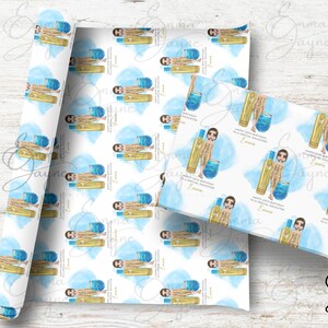 May include: White wrapping paper with a repeating pattern of a cartoon illustration of a person holding a bottle of liquid and a glass. The text "Emma Jayne" is printed on the paper.