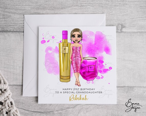 Personalised Gold & Pink Vodka Birthday Card for Her. Adaptable Figure. Birthday Card for Friend, Daughter, Granddaughter, Niece, Mum.