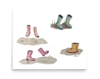 Plakat Jumping Wellies, ilustracja rysowana ręcznie, zabawna sztuka ścienna