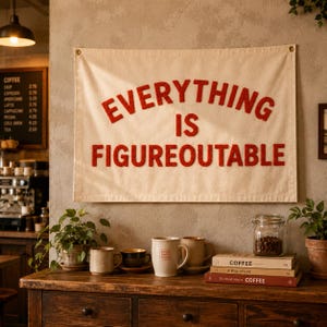 Handgeborduurd spandoek met de tekst "Alles is oplosbaar", vintage muurdecoratie, kantoordecoratie, vlaggetje met positieve quote.