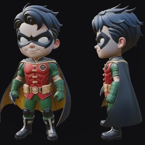 May include: A stylized figurine of Robin, a DC Comics superhero. The figure is depicted in a dynamic pose, wearing a red and green costume with a black cape and mask. The figure has a smiling expression and is set against a dark background.