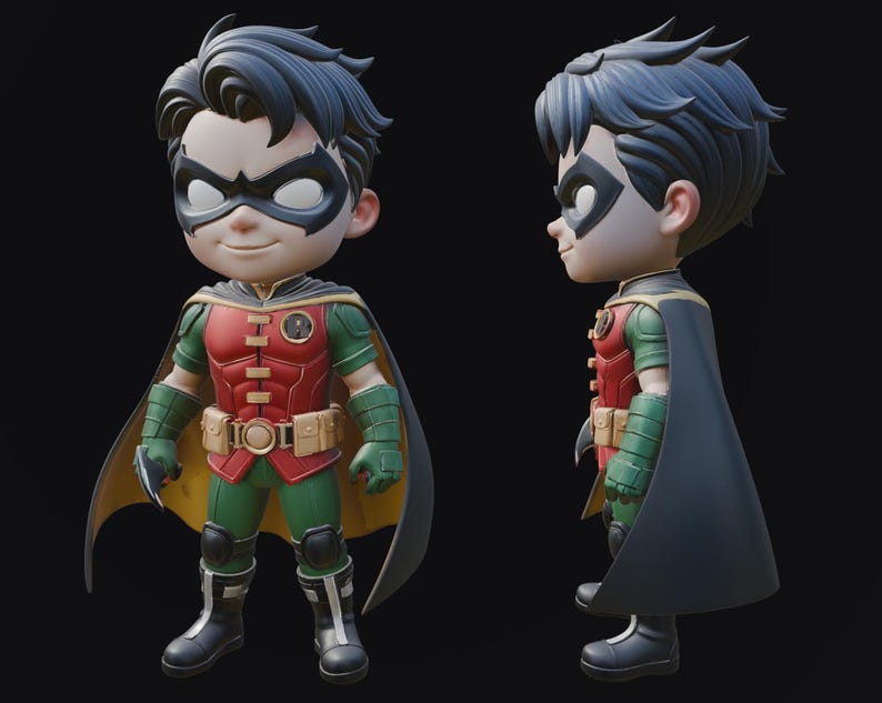 May include: A stylized figurine of Robin, a DC Comics superhero. The figure is depicted in a dynamic pose, wearing a red and green costume with a black cape and mask. The figure has a smiling expression and is set against a dark background.