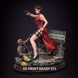 May include: A detailed figurine of a woman in a red dress holding a gun, with a zombie and a "Raccoon City" sign. The base has the text "3D PRINT READY STL". The figurine is on a stone base.