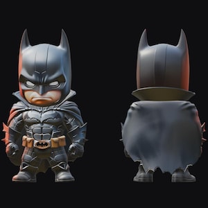 May include: A stylized Batman figurine in a dark gray and black color scheme. The figure has a detailed costume, including a cape, cowl, and utility belt. The image shows both the front and back of the figurine.