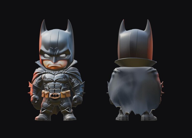 May include: A stylized Batman figurine in a dark gray and black color scheme. The figure has a detailed costume, including a cape, cowl, and utility belt. The image shows both the front and back of the figurine.