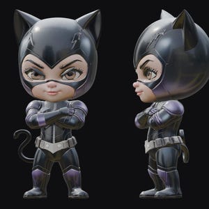 May include: A stylized figurine of Catwoman in a black and purple costume, with a cat-eared cowl. The figure has arms crossed, a belt, and a tail. The figure is shown from two angles against a dark background.