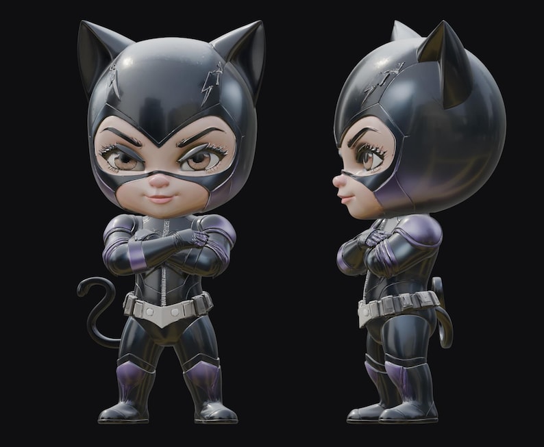 May include: A stylized figurine of Catwoman in a black and purple costume, with a cat-eared cowl. The figure has arms crossed, a belt, and a tail. The figure is shown from two angles against a dark background.