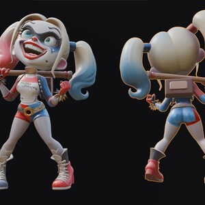 May include: A two-sided figurine of a cartoon character, with a mallet over its shoulders. The character has blonde pigtails with blue and red tips, a white and red top, blue shorts, and boots. The figure is in a dynamic pose, with a wide grin.
