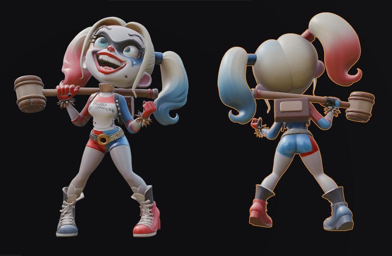 May include: A two-sided figurine of a cartoon character, with a mallet over its shoulders. The character has blonde pigtails with blue and red tips, a white and red top, blue shorts, and boots. The figure is in a dynamic pose, with a wide grin.