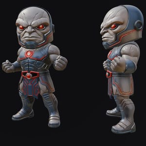 May include: A stylized figurine of a character with a gray head, red eyes, and a stern expression. The figure wears a dark blue and gray outfit with red accents. The figure is posed with clenched fists.
