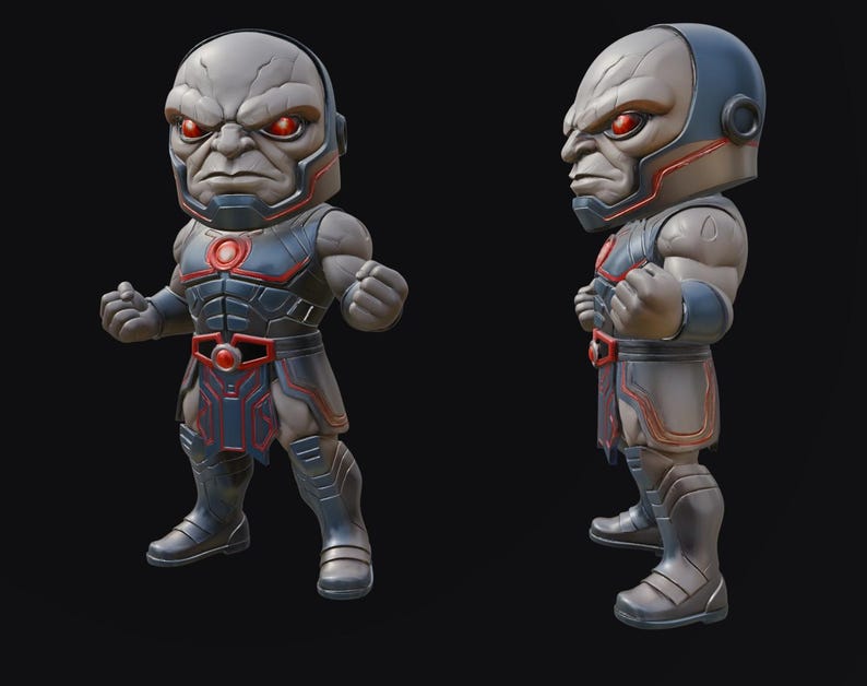 May include: A stylized figurine of a character with a gray head, red eyes, and a stern expression. The figure wears a dark blue and gray outfit with red accents. The figure is posed with clenched fists.