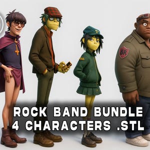 Pode incluir: Uma renderização 3D de um pacote de banda de rock com quatro personagens de desenho animado. Os personagens usam várias roupas, incluindo uma capa, jaqueta e saia. A imagem inclui o texto "ROCK BAND BUNDLE 4 CHARACTERS .STL" e um logotipo "3D PRINT READY".