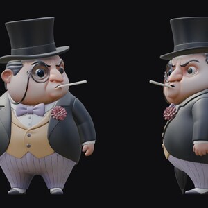 May include: A figurine of a character in a black suit, top hat, and monocle, holding an umbrella. The figure has a light pink bow tie, a flower on the lapel, and a cigarette in its mouth. The figure is standing on a black background.