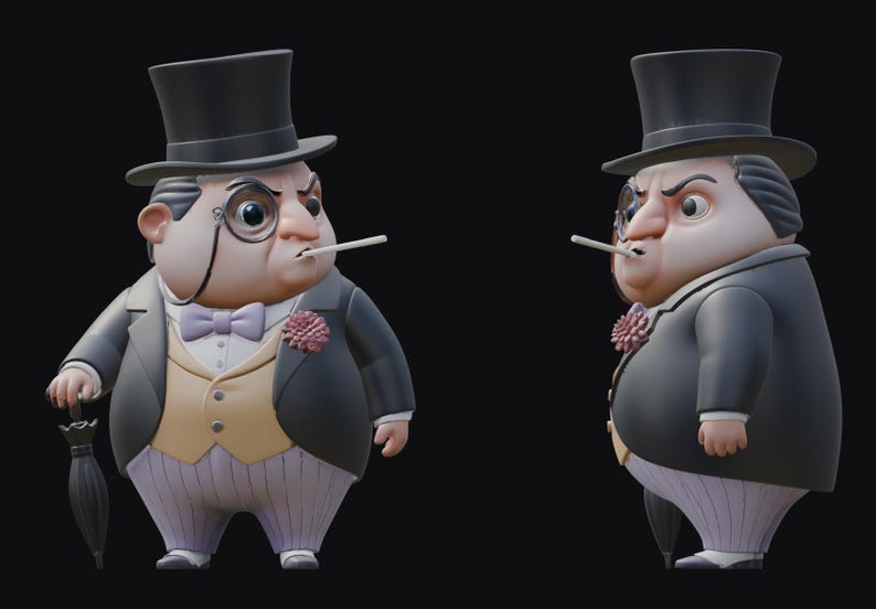 May include: A figurine of a character in a black suit, top hat, and monocle, holding an umbrella. The figure has a light pink bow tie, a flower on the lapel, and a cigarette in its mouth. The figure is standing on a black background.