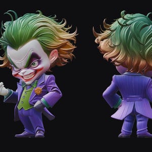 May include: A two-sided figurine of the Joker character, holding a smartphone. The figure is dressed in a purple suit with a green vest and a yellow flower. The Joker has green and orange hair and a sinister grin.