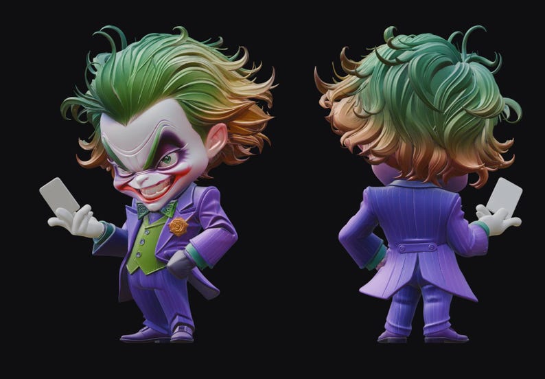 May include: A two-sided figurine of the Joker character, holding a smartphone. The figure is dressed in a purple suit with a green vest and a yellow flower. The Joker has green and orange hair and a sinister grin.