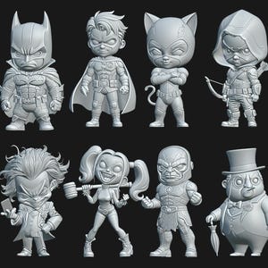 May include: A collection of eight gray, stylized figurines of DC Comics characters. The figures include Batman, Robin, Catwoman, Green Arrow, The Joker, Harley Quinn, Darkseid, and The Penguin. Each figure has a unique design.