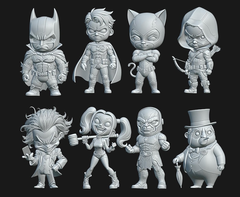 May include: A collection of eight gray, stylized figurines of DC Comics characters. The figures include Batman, Robin, Catwoman, Green Arrow, The Joker, Harley Quinn, Darkseid, and The Penguin. Each figure has a unique design.