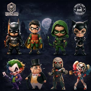 May include: A collection of stylized figurines of DC Comics characters, including Batman, Robin, Green Arrow, Catwoman, The Joker, The Penguin, Darkseid, and Harley Quinn. Each figure is depicted in a distinctive costume with exaggerated features. The background is a dark cityscape with a full moon.